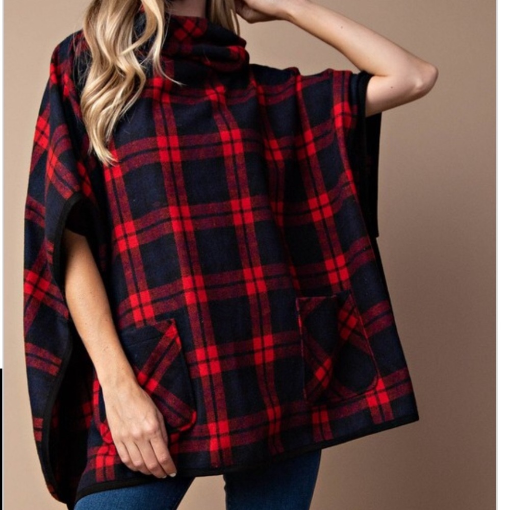 Plaid Turtle Poncho Red Blue Oversized